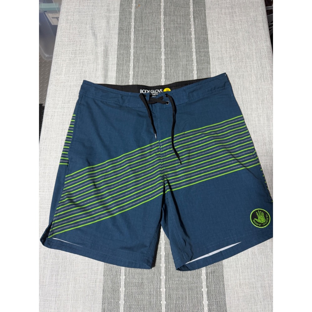 Body Glove Vapor Mens Board Shorts Size 34 Blue Neon Green Striped Swim Trunks